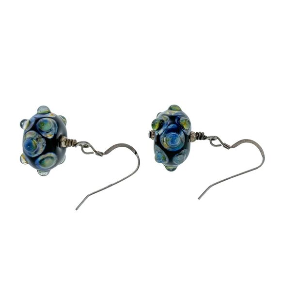 Vintage Sterling Silver 925 Blue Black Yellow Bubble Glass Dangle Earrings - Picture 2 of 4